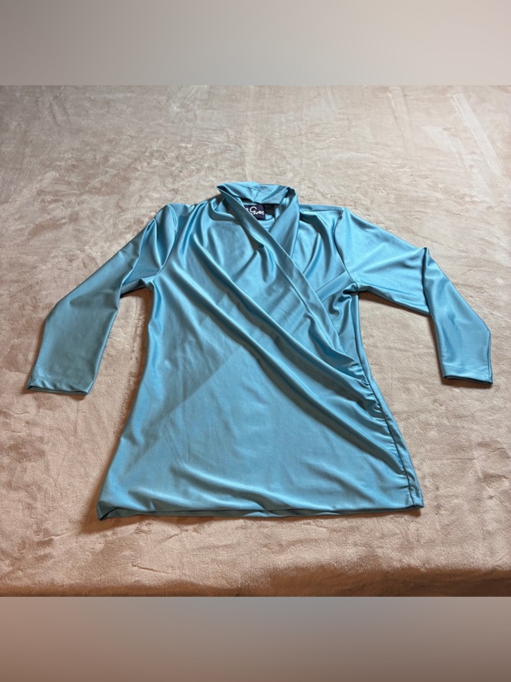Lesley Evers Valerie Blue Silky 3/4 Sleeve Faux Wrap Blouse Top Women's Sz Small